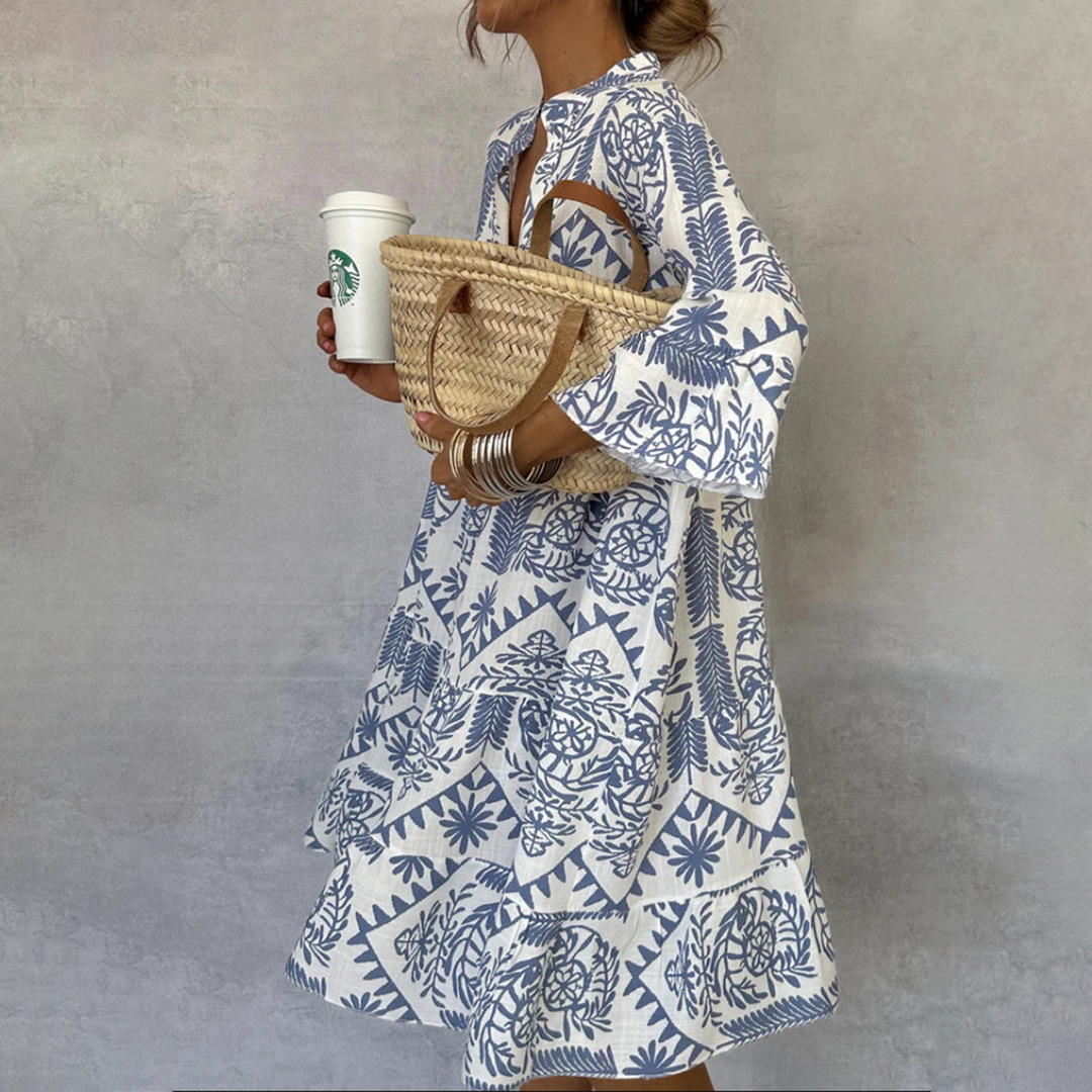 Vanessa | Boho Blue and White Floral Sun Long Sleeve Mini Dress