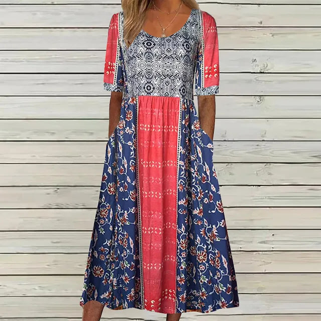 Sabrina | Boho Printed Multi Coloured Square Neck Short Sleeve Midi Dress