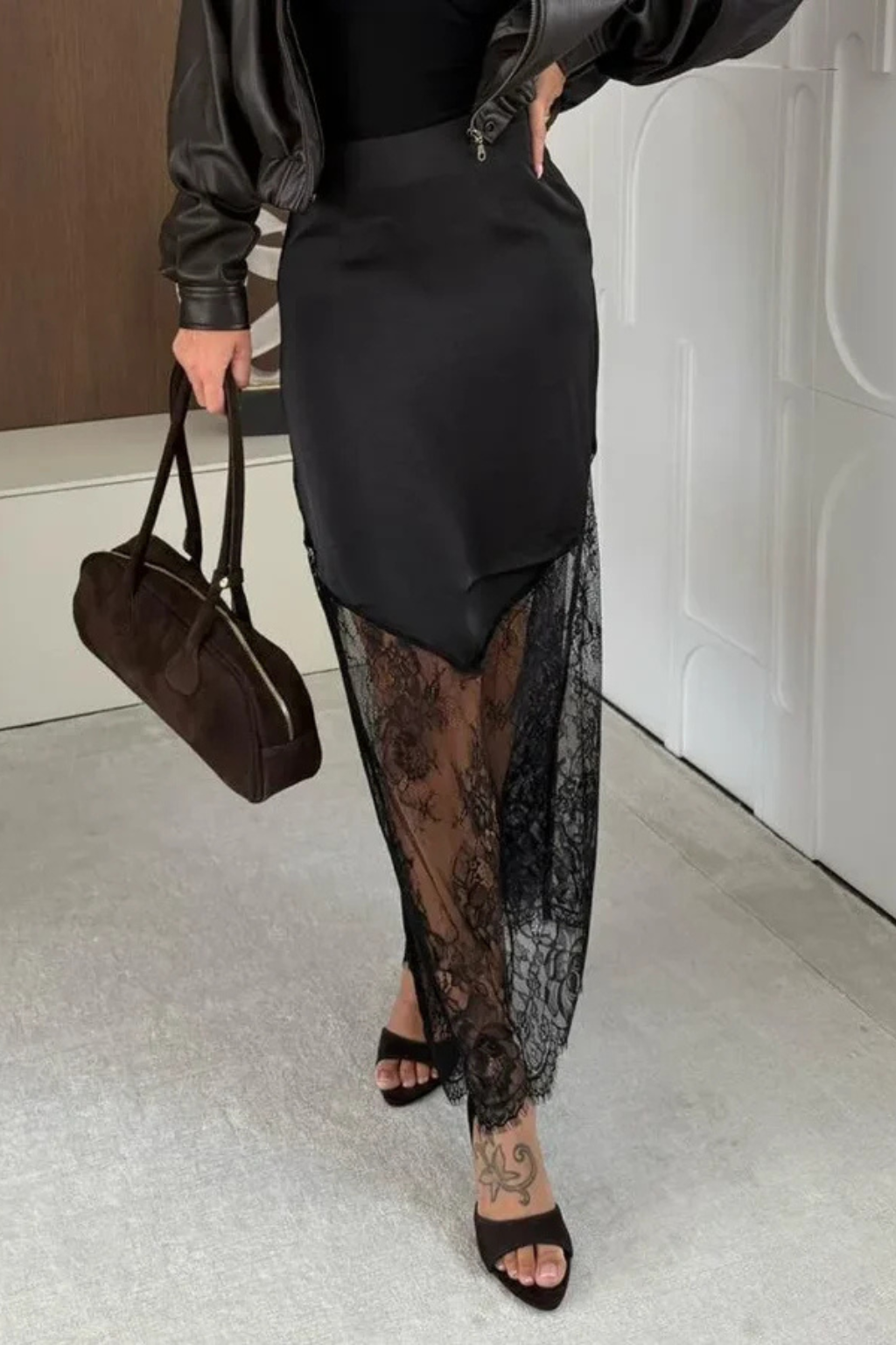 Romilly | Women Satin Lace Hem Asymmetric Maxi Skirt