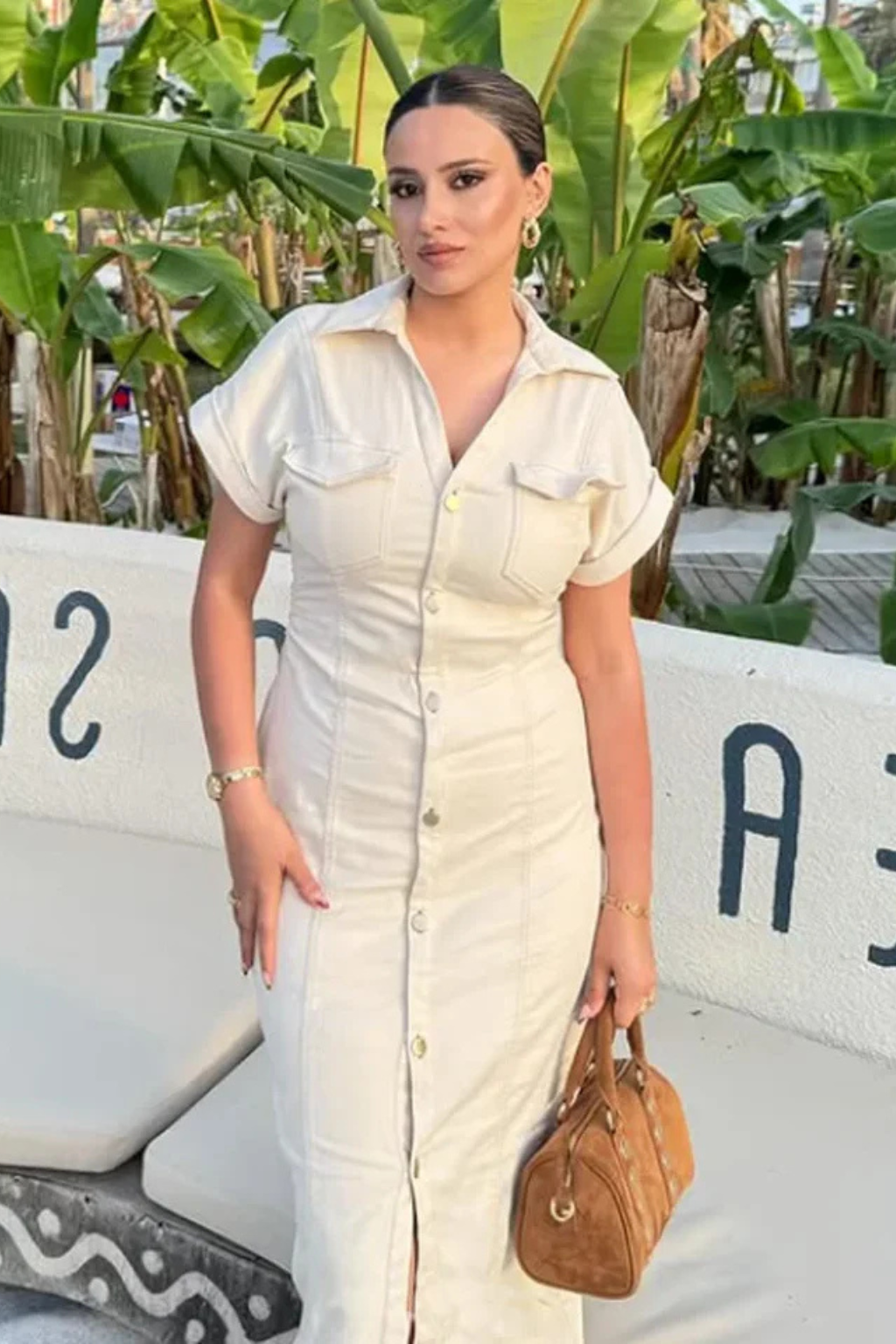 Elodie | Women Short Sleeve Button Through Fitted Denim Midi Shirt Ivory Dress