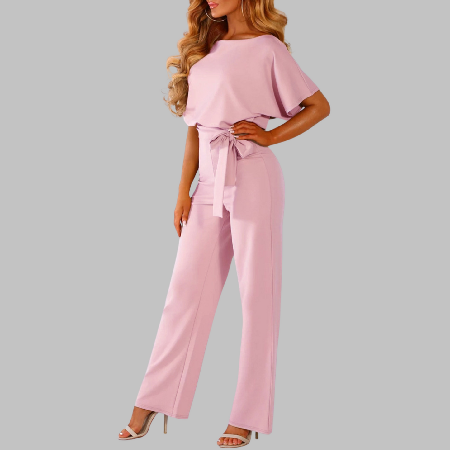 Marina | Women's Belted Wide Leg Jumpsuit Batwing Sleeve Crewneck