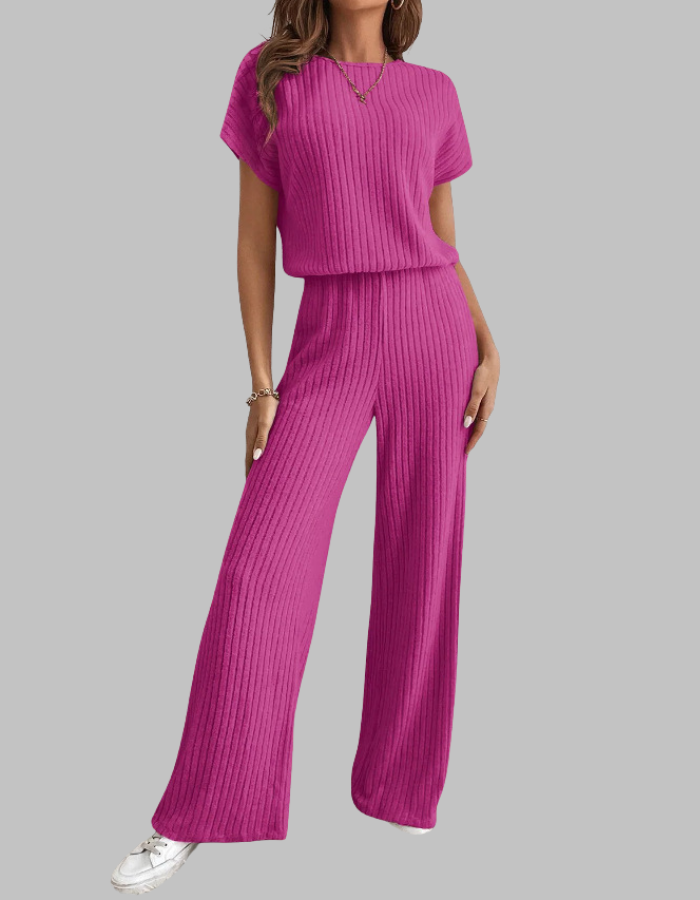 Philippa | Women's Ribbed Two Piece Set Short Sleeve Top Wide Leg Pants