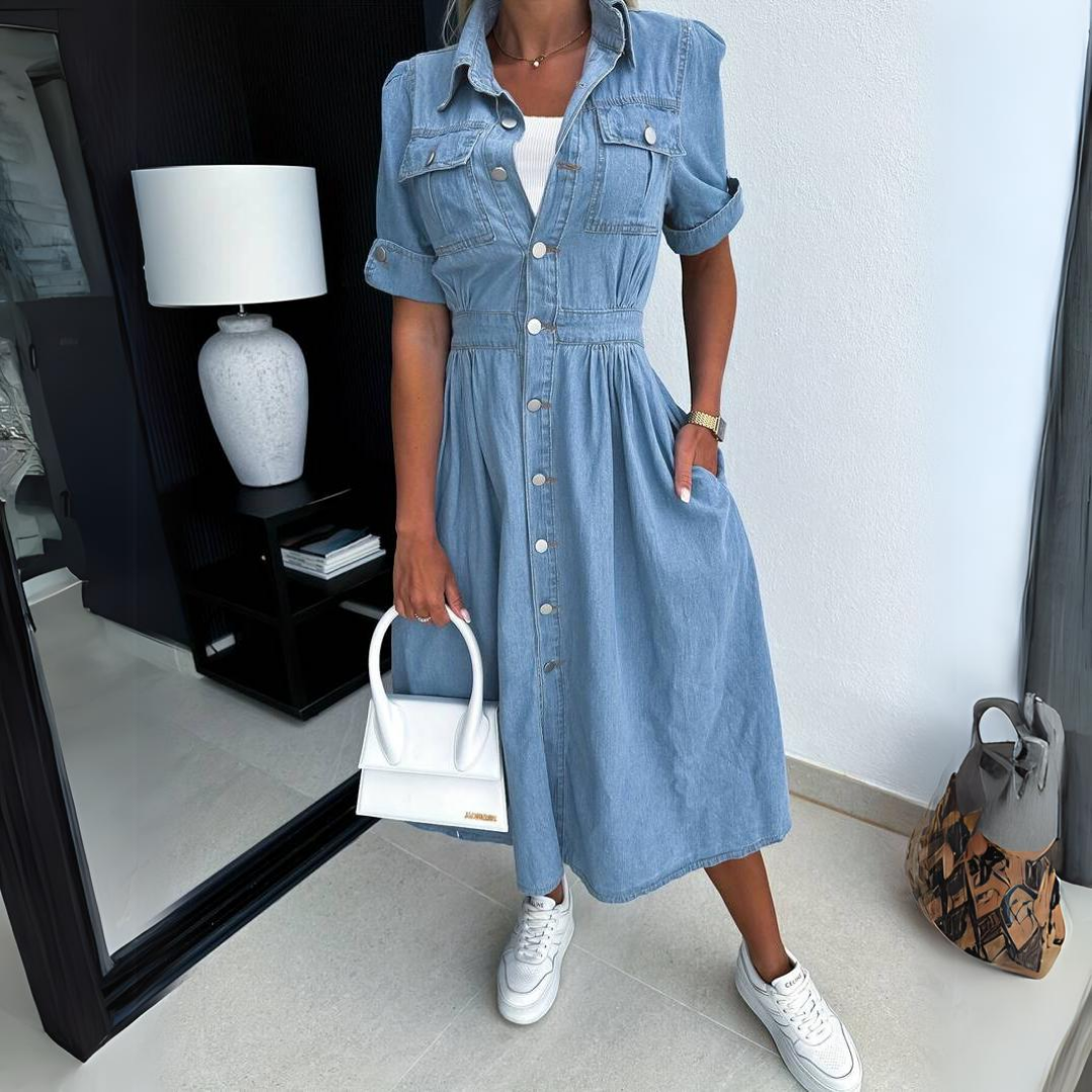 Kirsty | Women's Denim Button-Up Midi Dress Short Sleeve