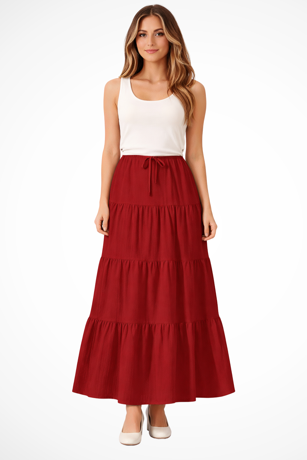 Beth | Women Elasticated Drawstring Waist Tiered Boho Maxi Skirt