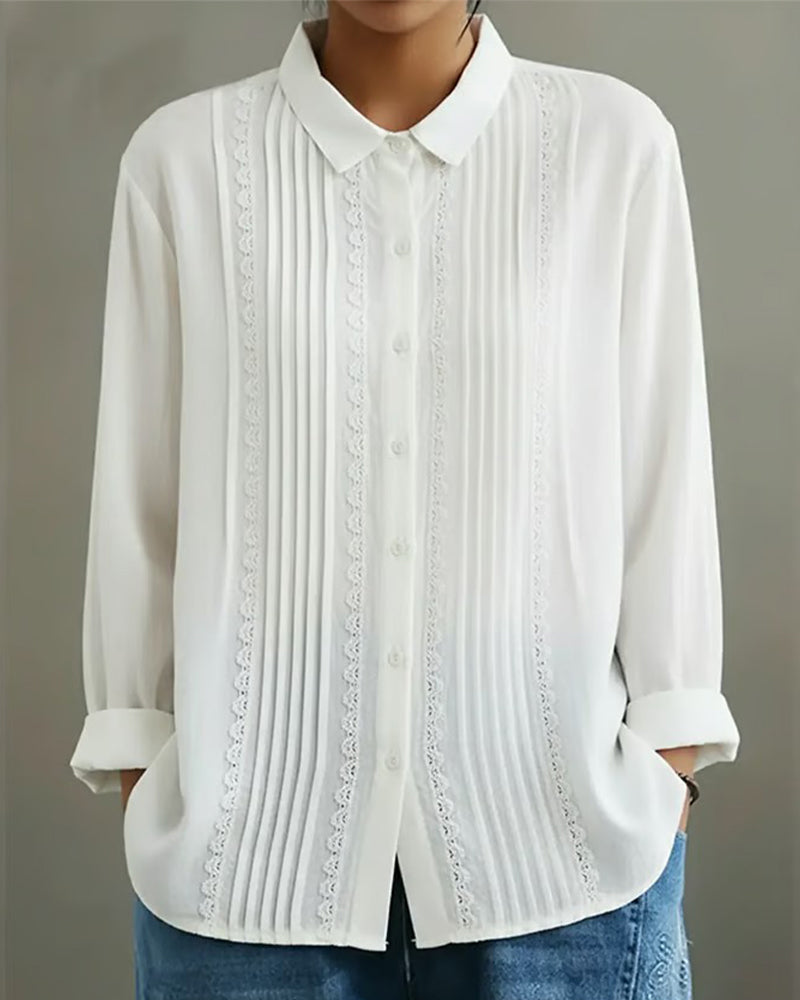 Tamsin | Women's Lace Trim Button-Up Long Sleeve Blouse