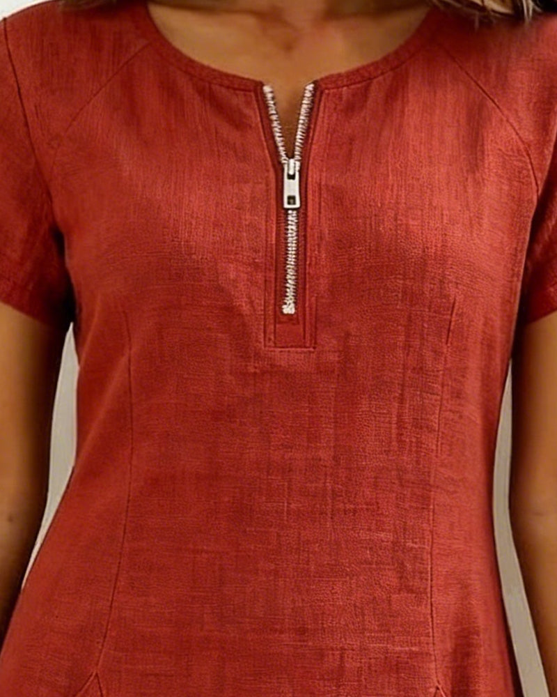 Ivy | Women's Shift Dress Short Sleeve Zip Neck with Pockets