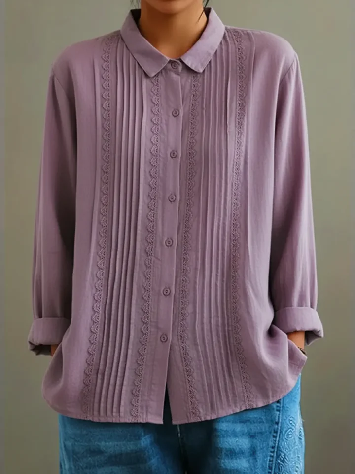 Tamsin | Women's Lace Trim Button-Up Long Sleeve Blouse