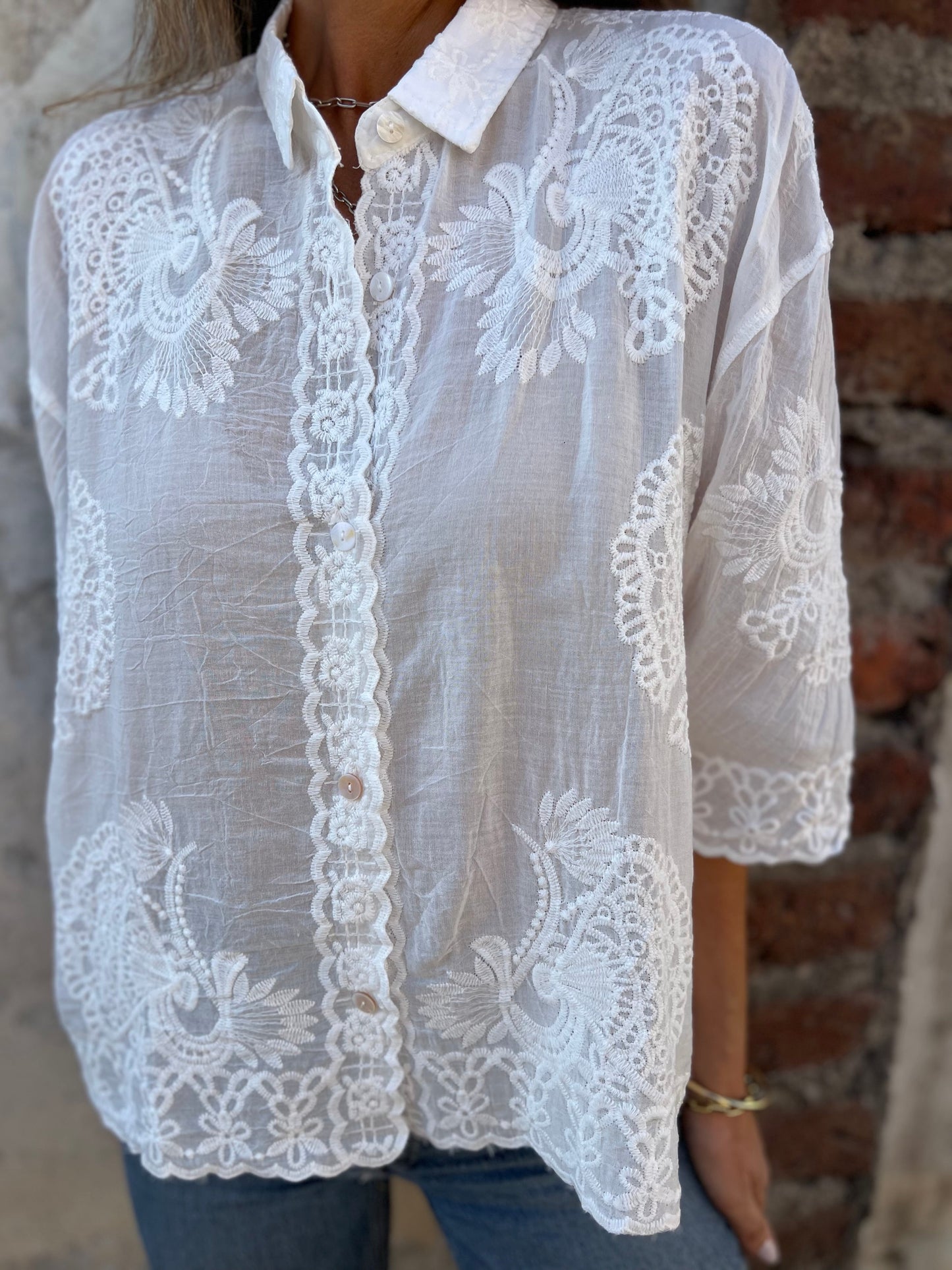 Greta | Women's Lace Blouse Long Sleeve Button Down Embroidered Top