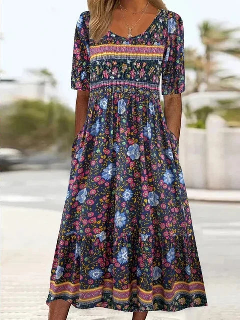 Sabrina | Boho Printed Multi Coloured Square Neck Short Sleeve Midi Dress