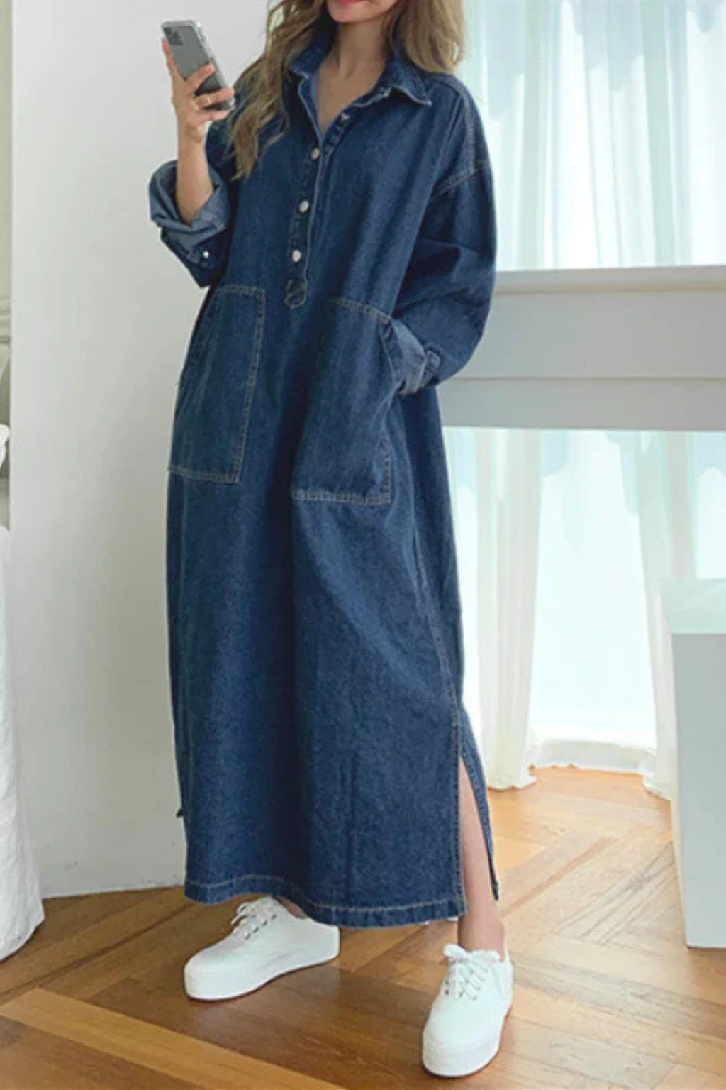 Ramona | Women Oversized Long Sleeve Collared Denim Maxi Dress with Pockets