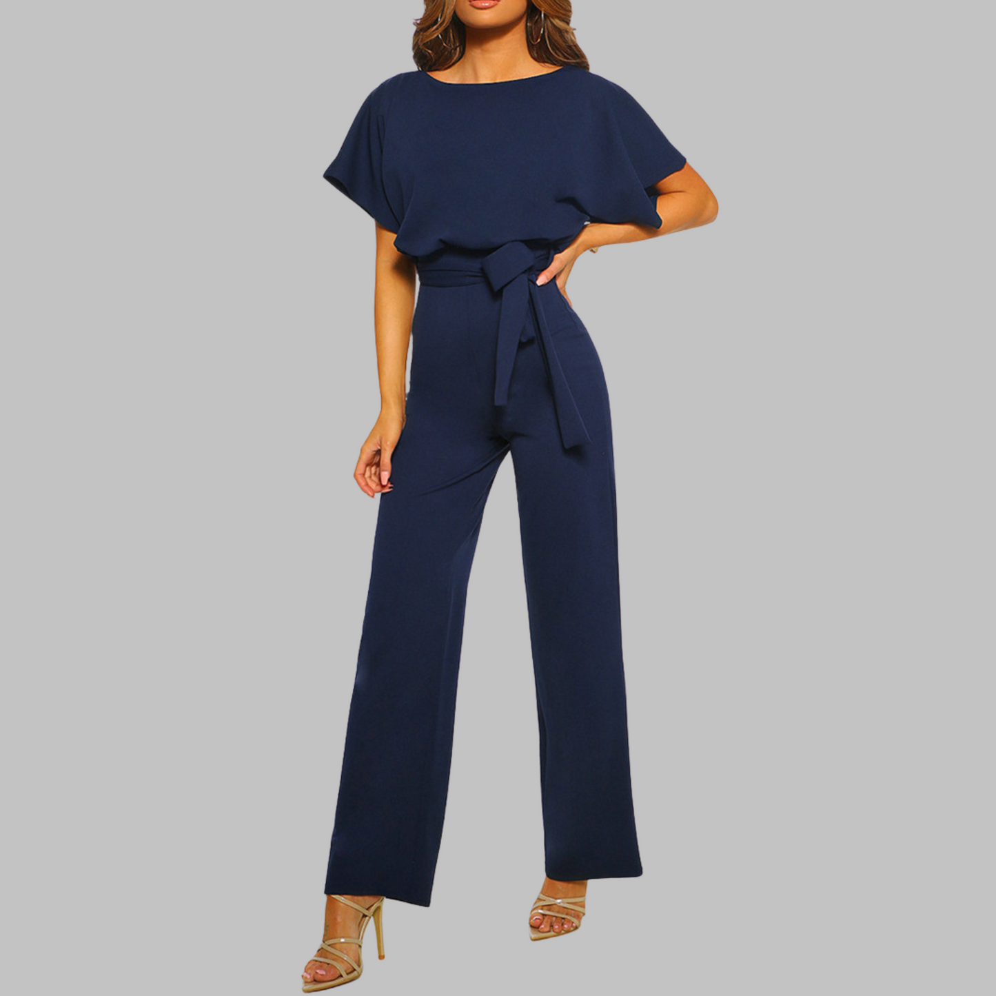 Marina | Women's Belted Wide Leg Jumpsuit Batwing Sleeve Crewneck