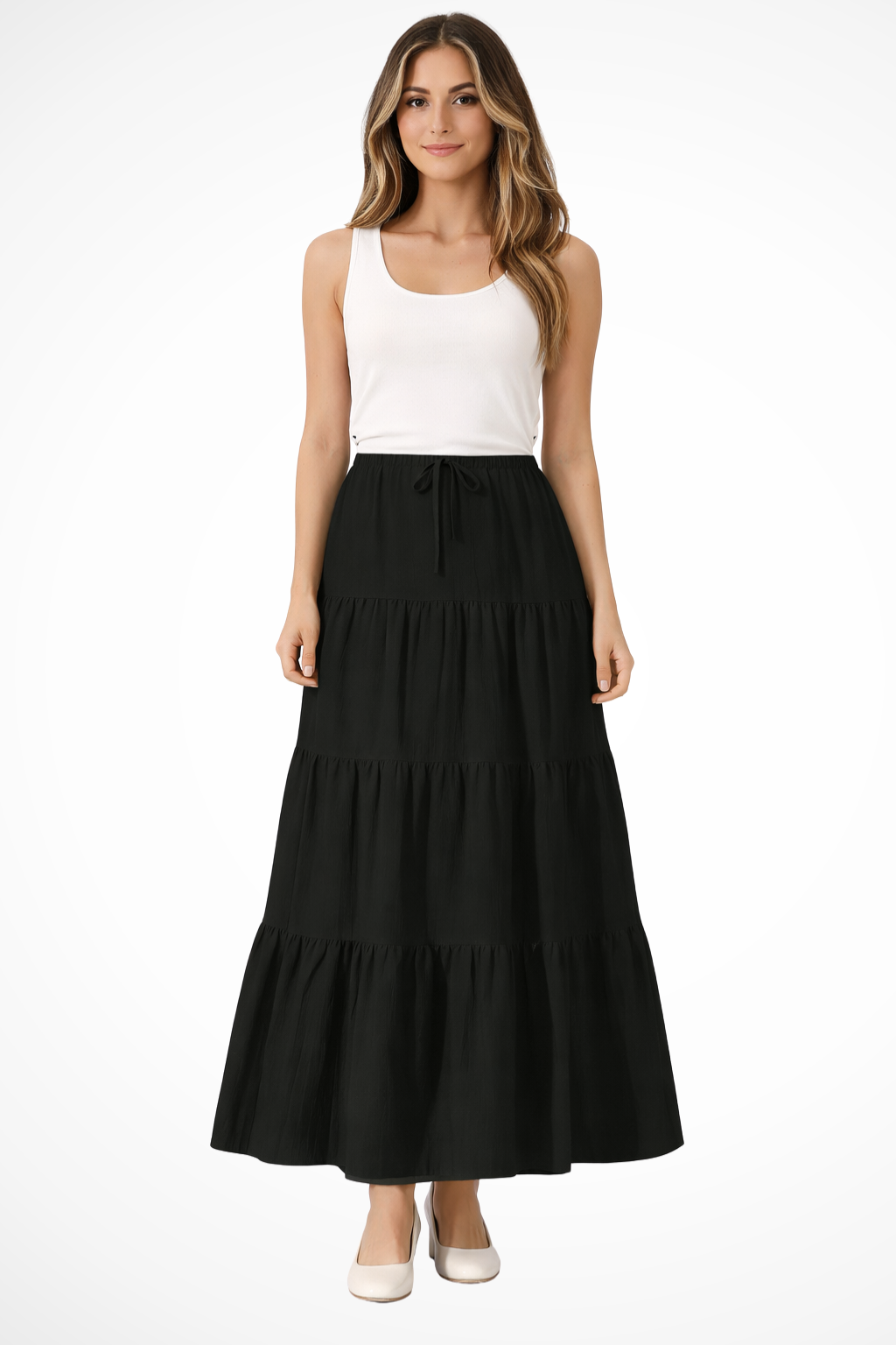 Beth | Women Elasticated Drawstring Waist Tiered Boho Maxi Skirt