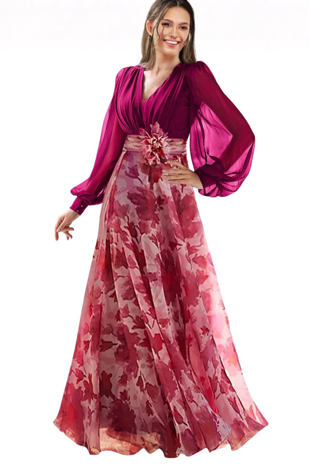 Charlotte | Women V Neck Balloon Sleeve Floral Print Maxi Wedding Guest Dress