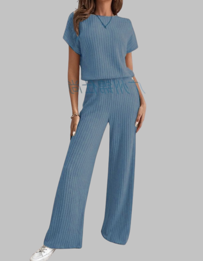 Philippa | Women's Ribbed Two Piece Set Short Sleeve Top Wide Leg Pants