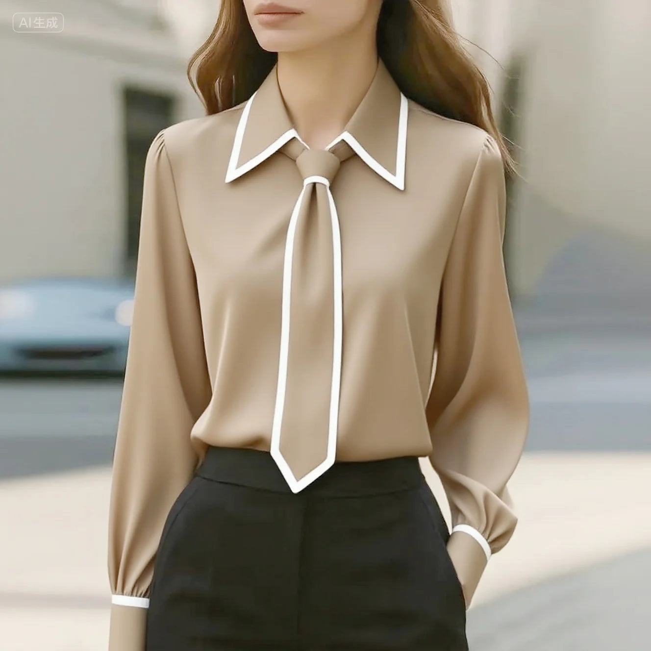 Caitlin | Women's Long Sleeve Tie Neck Blouse Contrast Collar