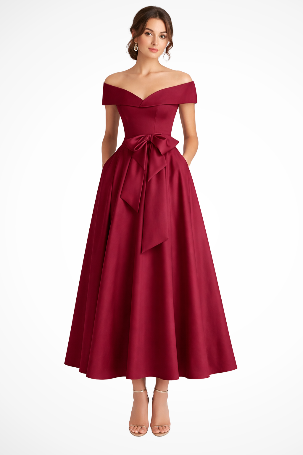 Arabella | Women Off Shoulder Bow Waist A Line Midi Wedding Guest Dress