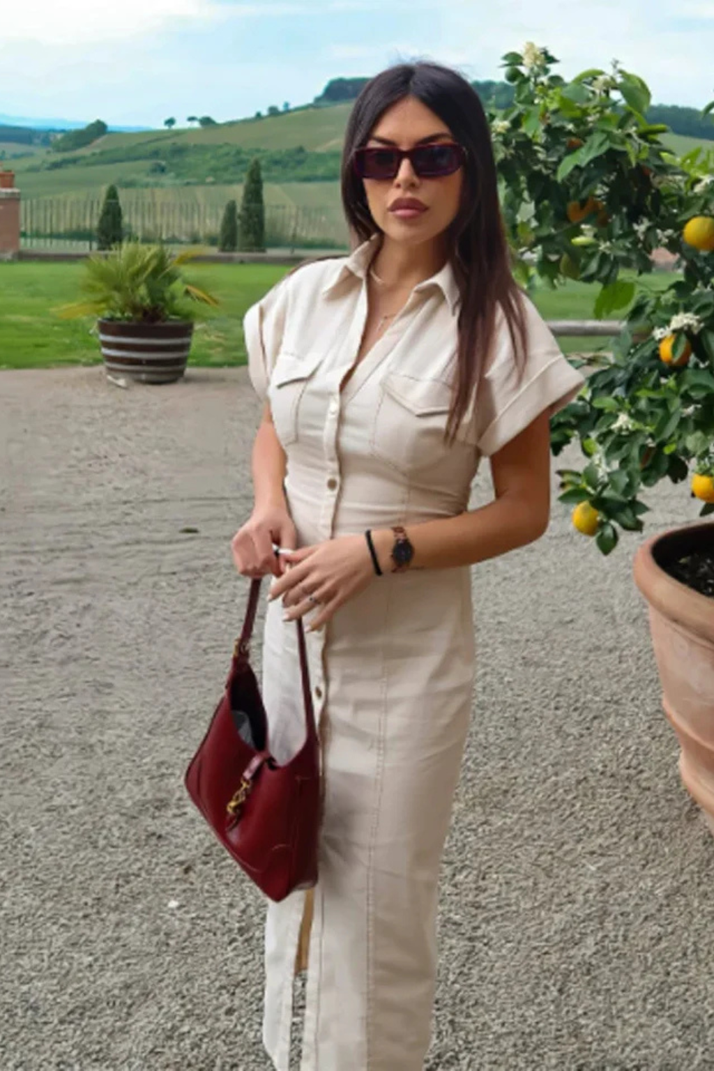 Elodie | Women Short Sleeve Button Through Fitted Denim Midi Shirt Ivory Dress