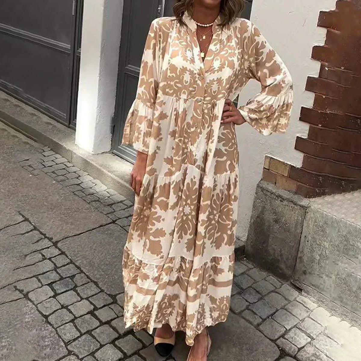 Susan | Boho Floral Patterned Long Sleeve Midi Dress