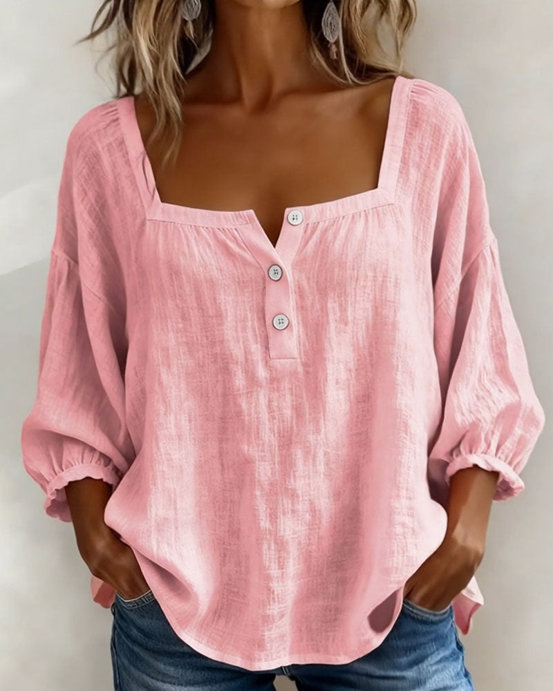 Nadine | Women's Square Neck Blouse 3/4 Puff Sleeve Button Top
