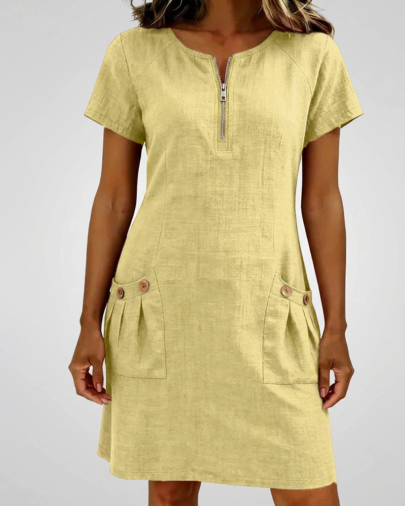 Ivy | Women's Shift Dress Short Sleeve Zip Neck with Pockets