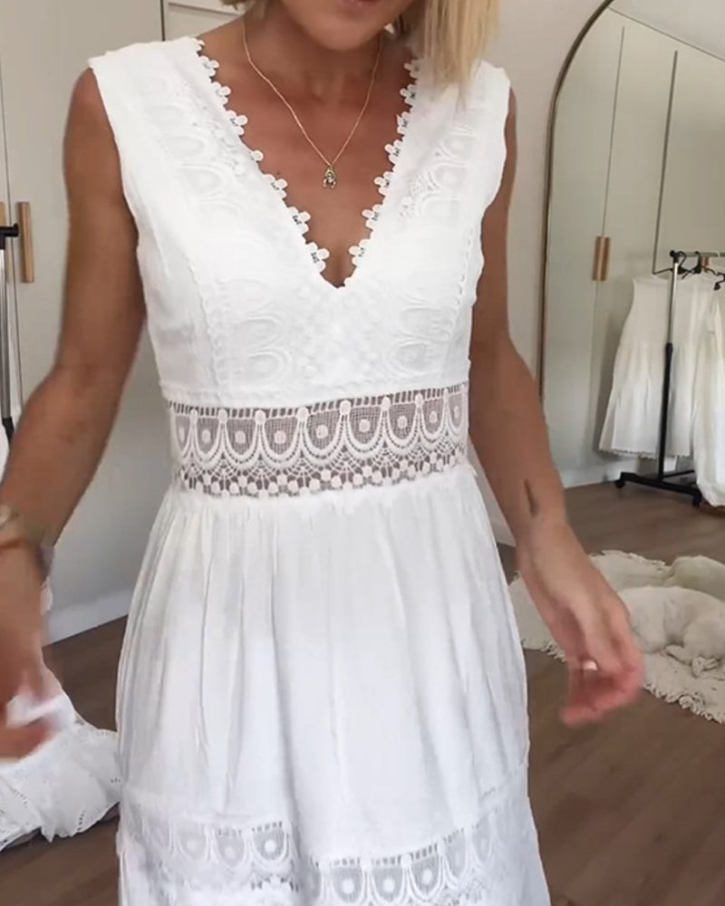 Summer | White Sun Sleeveless V Neck Midi Dress