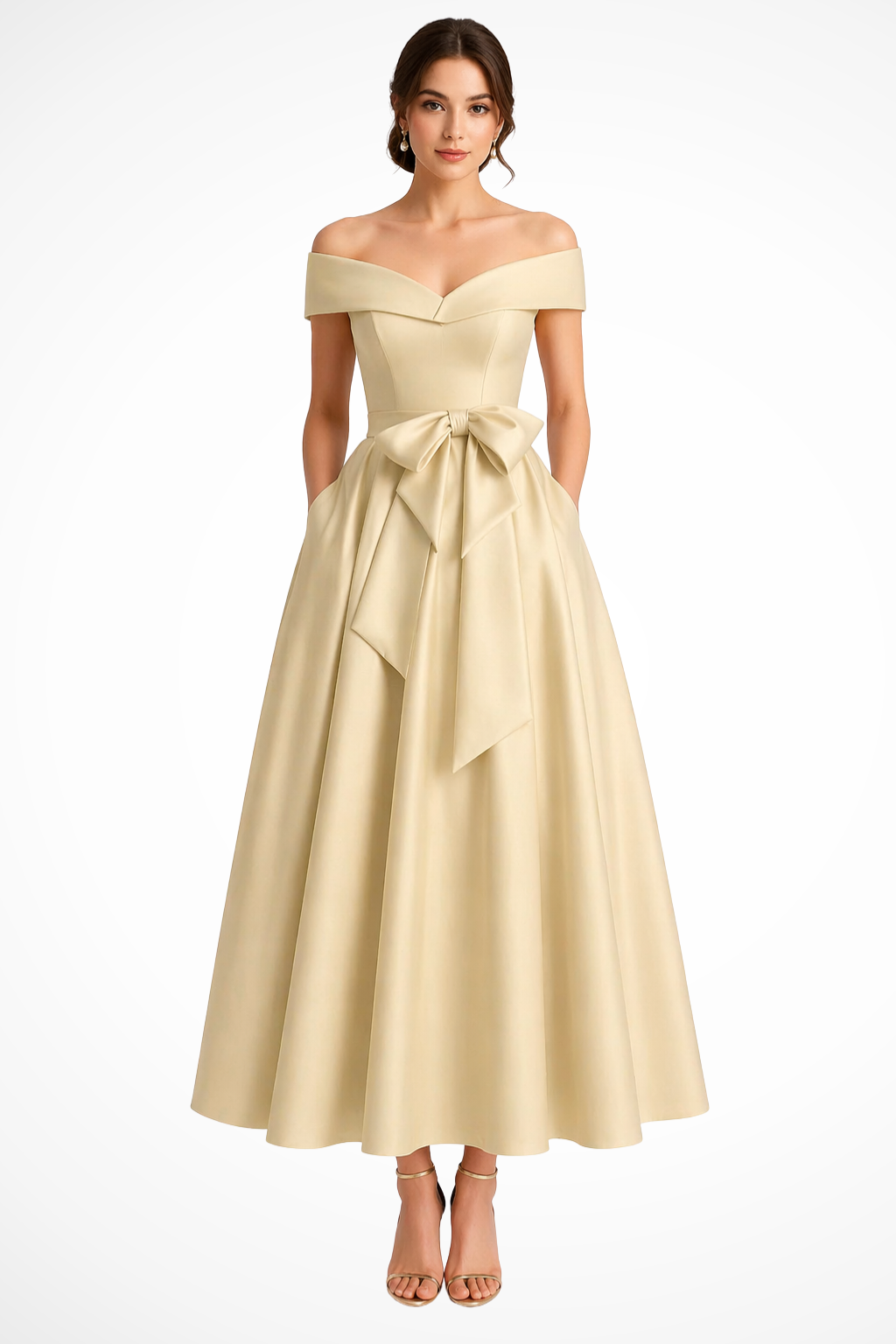 Arabella | Women Off Shoulder Bow Waist A Line Midi Wedding Guest Dress