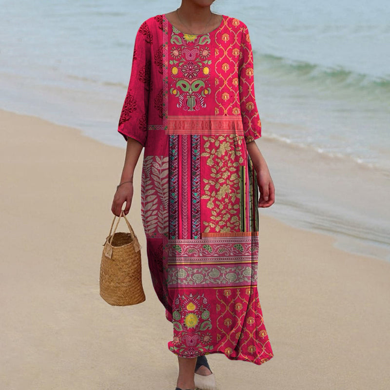 Cassandra | Boho Patchwork Summer Beach Three Quarter Sleeve Maxi Dress