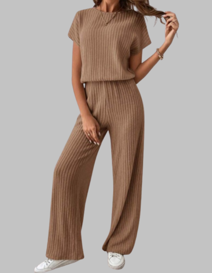 Philippa | Women's Ribbed Two Piece Set Short Sleeve Top Wide Leg Pants