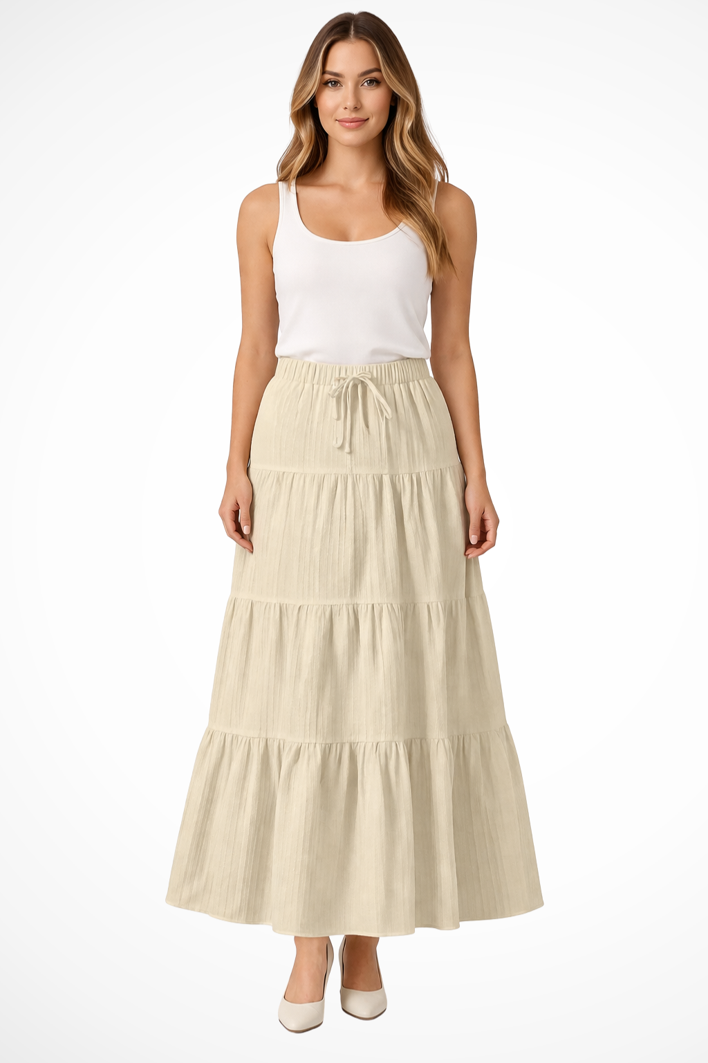 Beth | Women Elasticated Drawstring Waist Tiered Boho Maxi Skirt