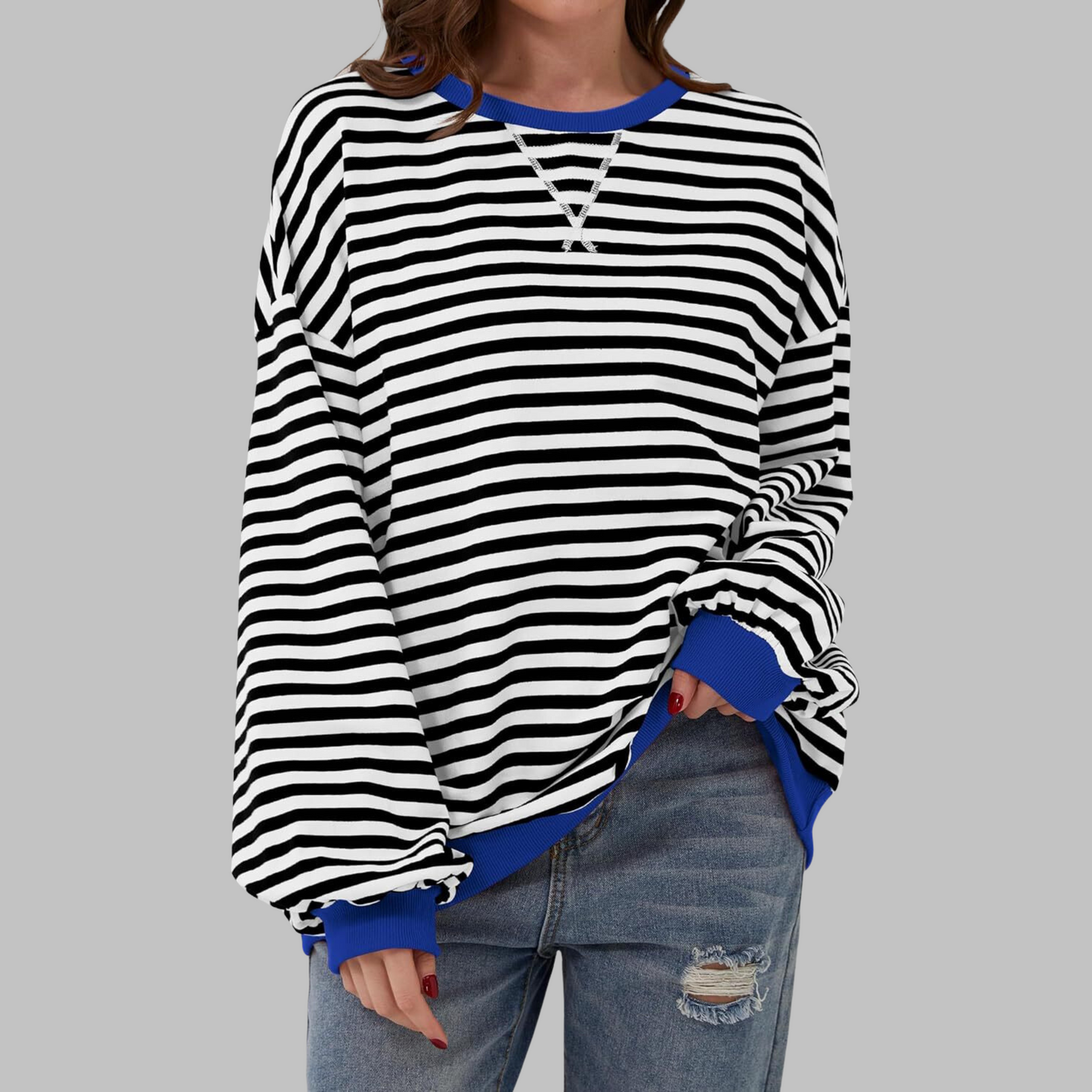 Olive | Women's Striped Crewneck Long Sleeve Oversized Sweatshirt