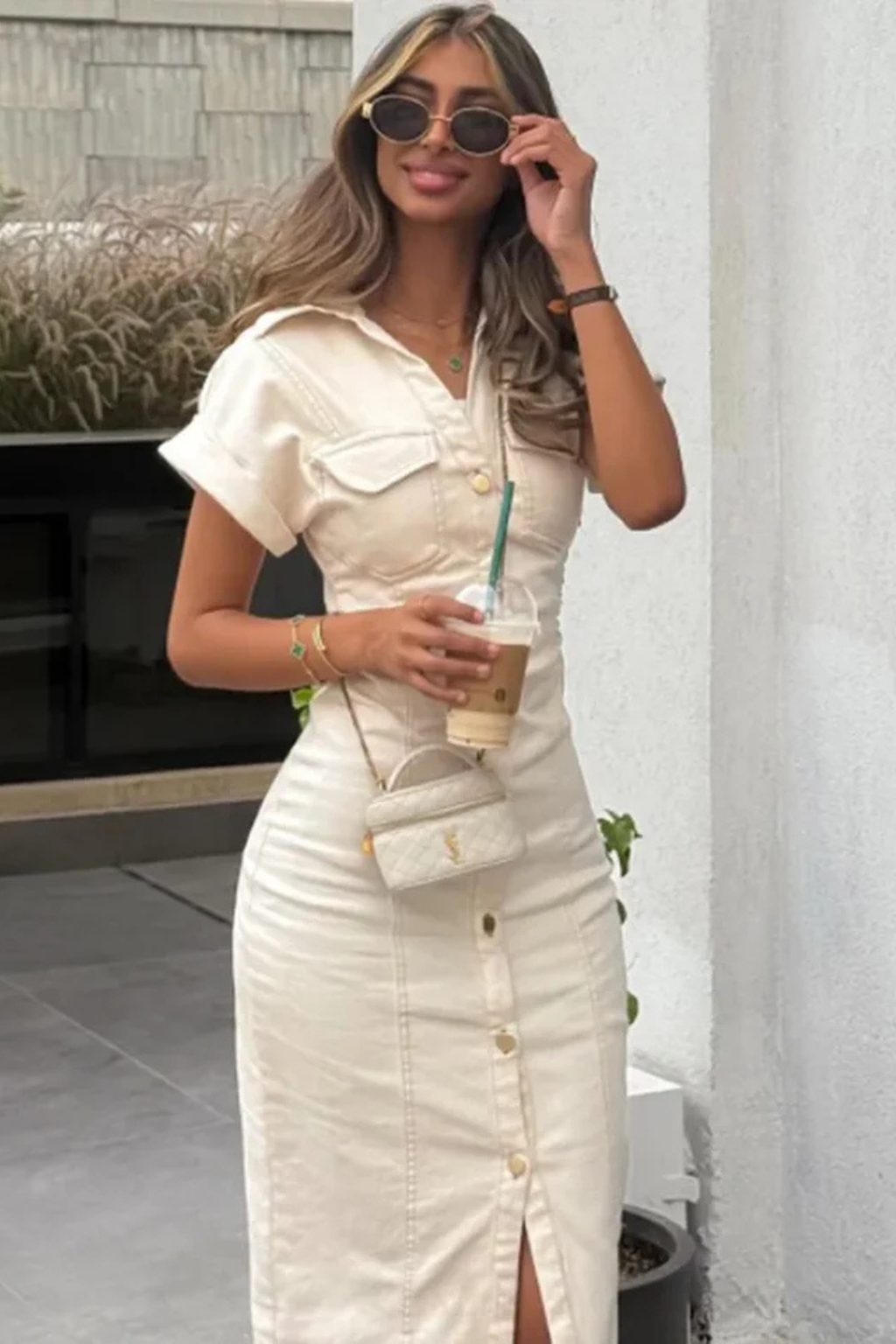Elodie | Women Short Sleeve Button Through Fitted Denim Midi Shirt Ivory Dress