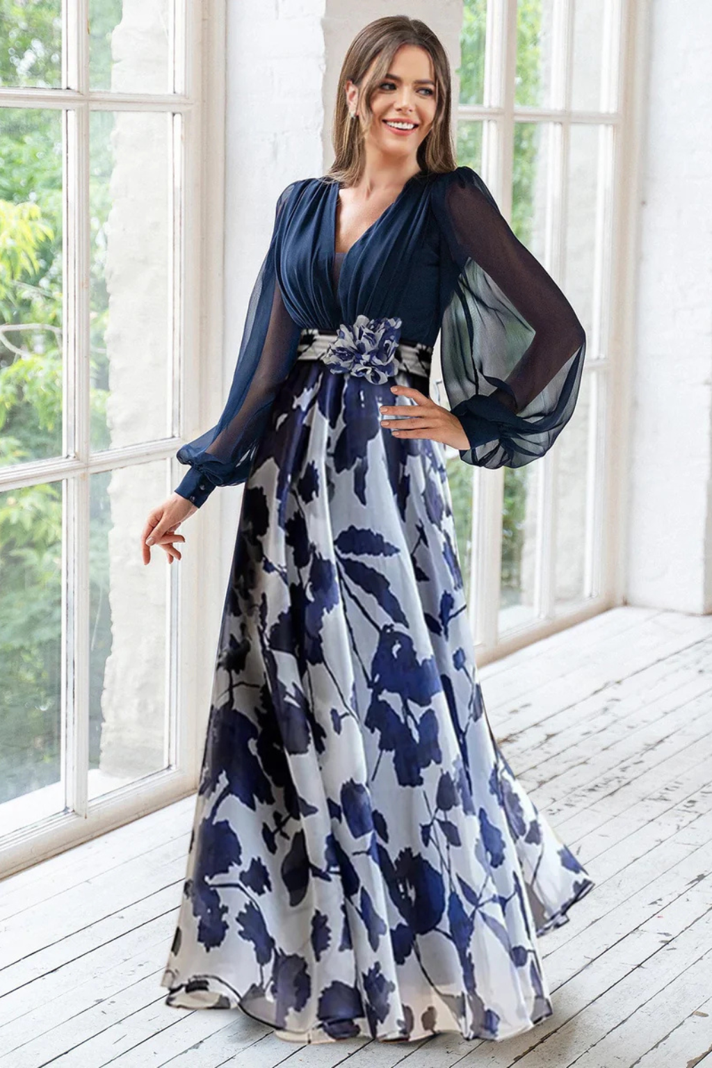 Charlotte | Women V Neck Balloon Sleeve Floral Print Maxi Wedding Guest Dress