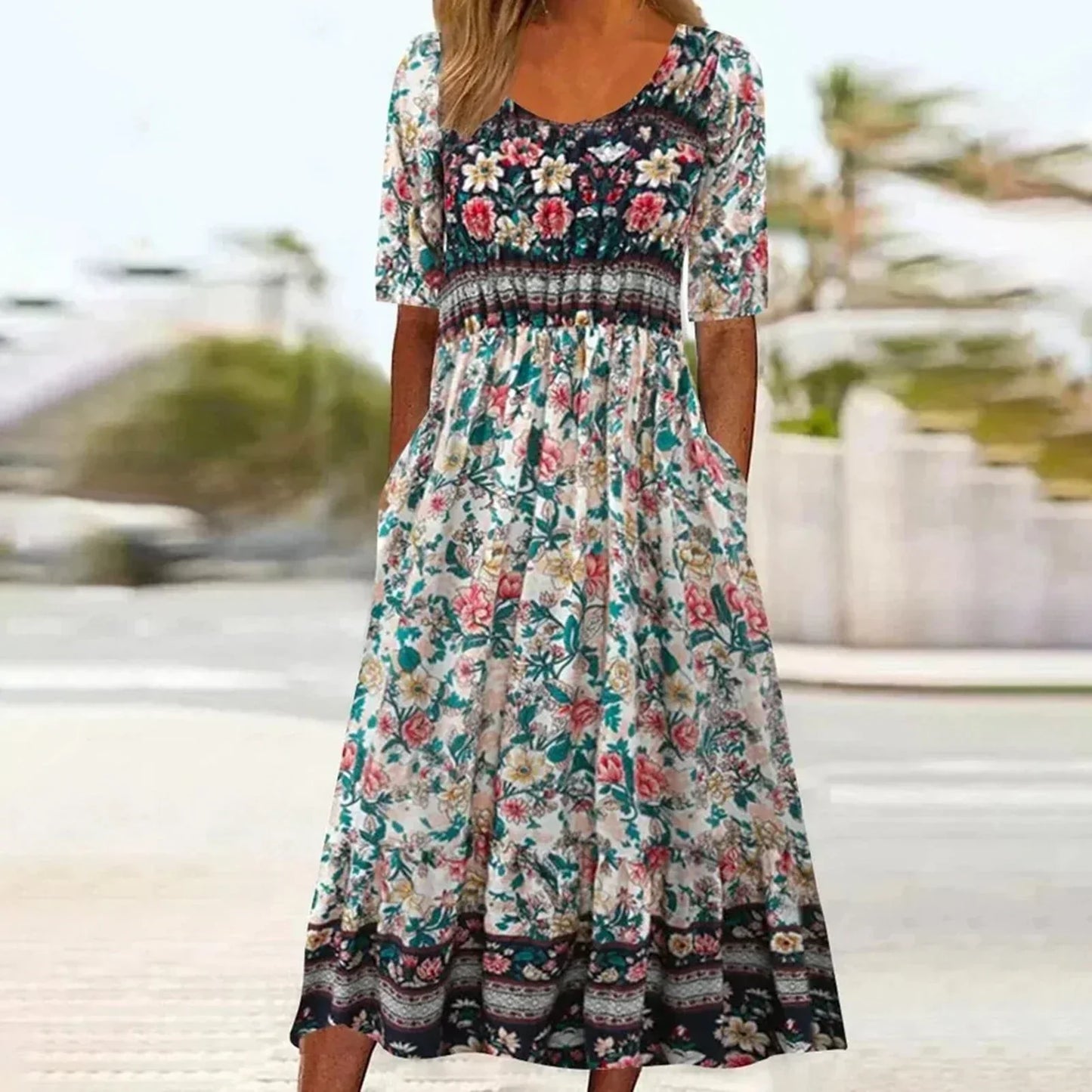 Sabrina | Boho Printed Multi Coloured Square Neck Short Sleeve Midi Dress