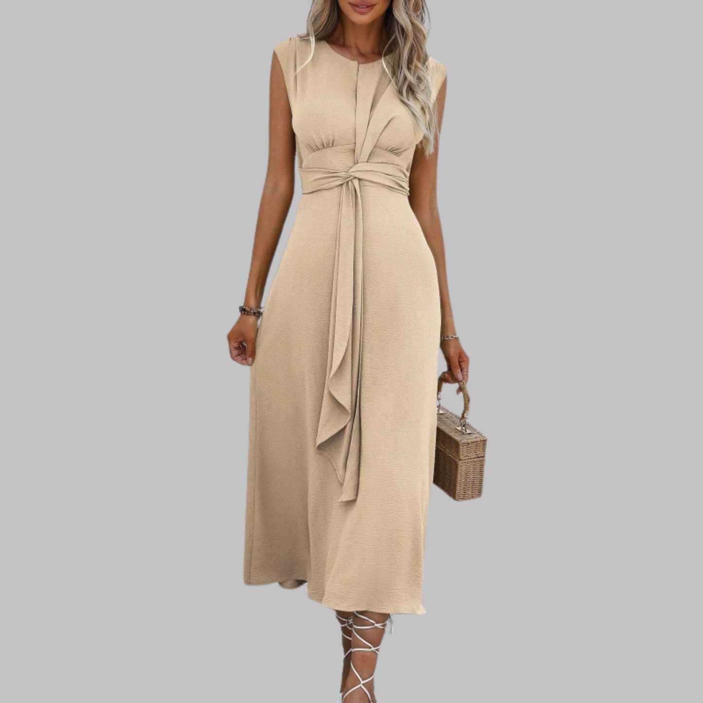 Celeste | Women's Belted Midi Dress Sleeveless Round Neck A-Line