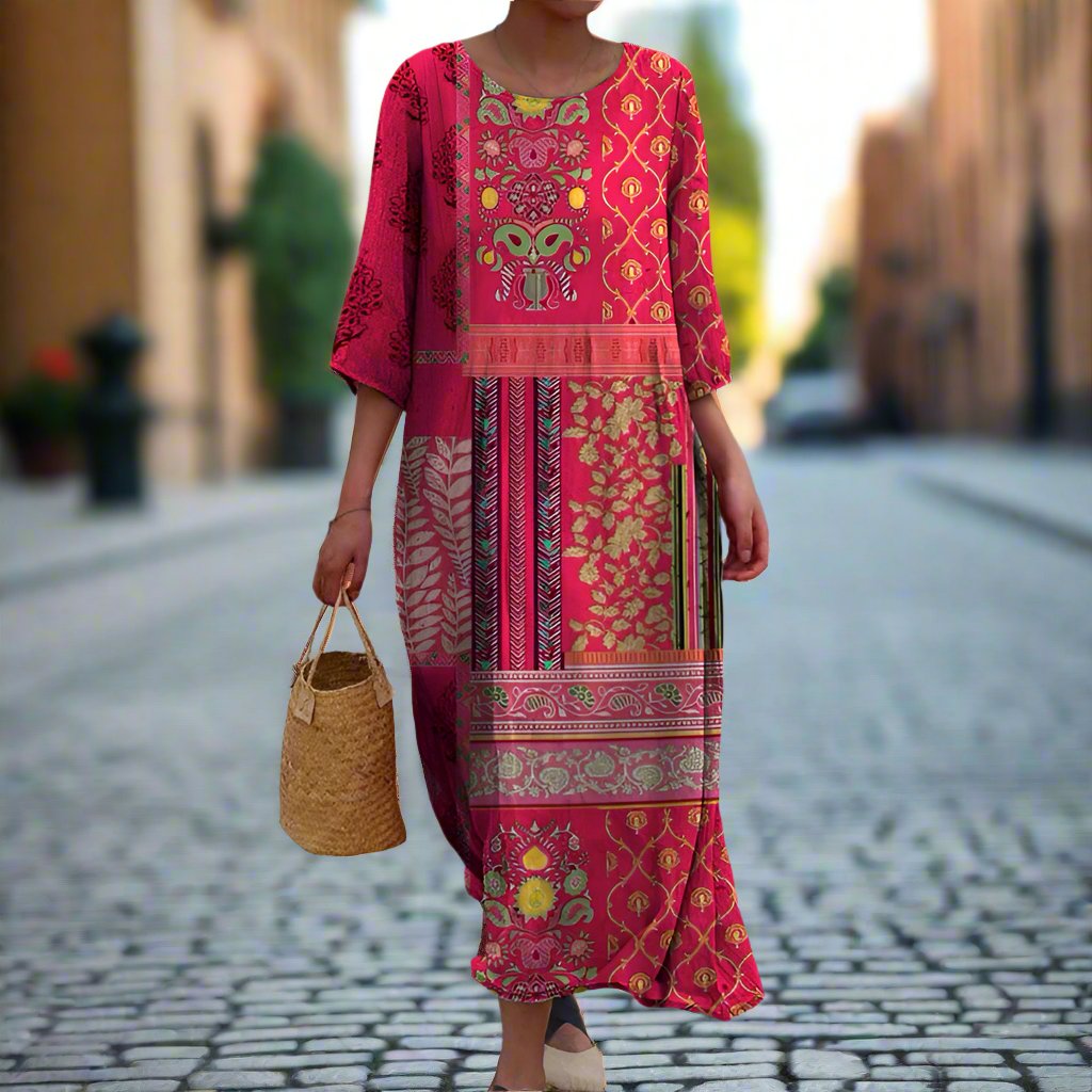 Cassandra | Boho Patchwork Summer Beach Three Quarter Sleeve Maxi Dress