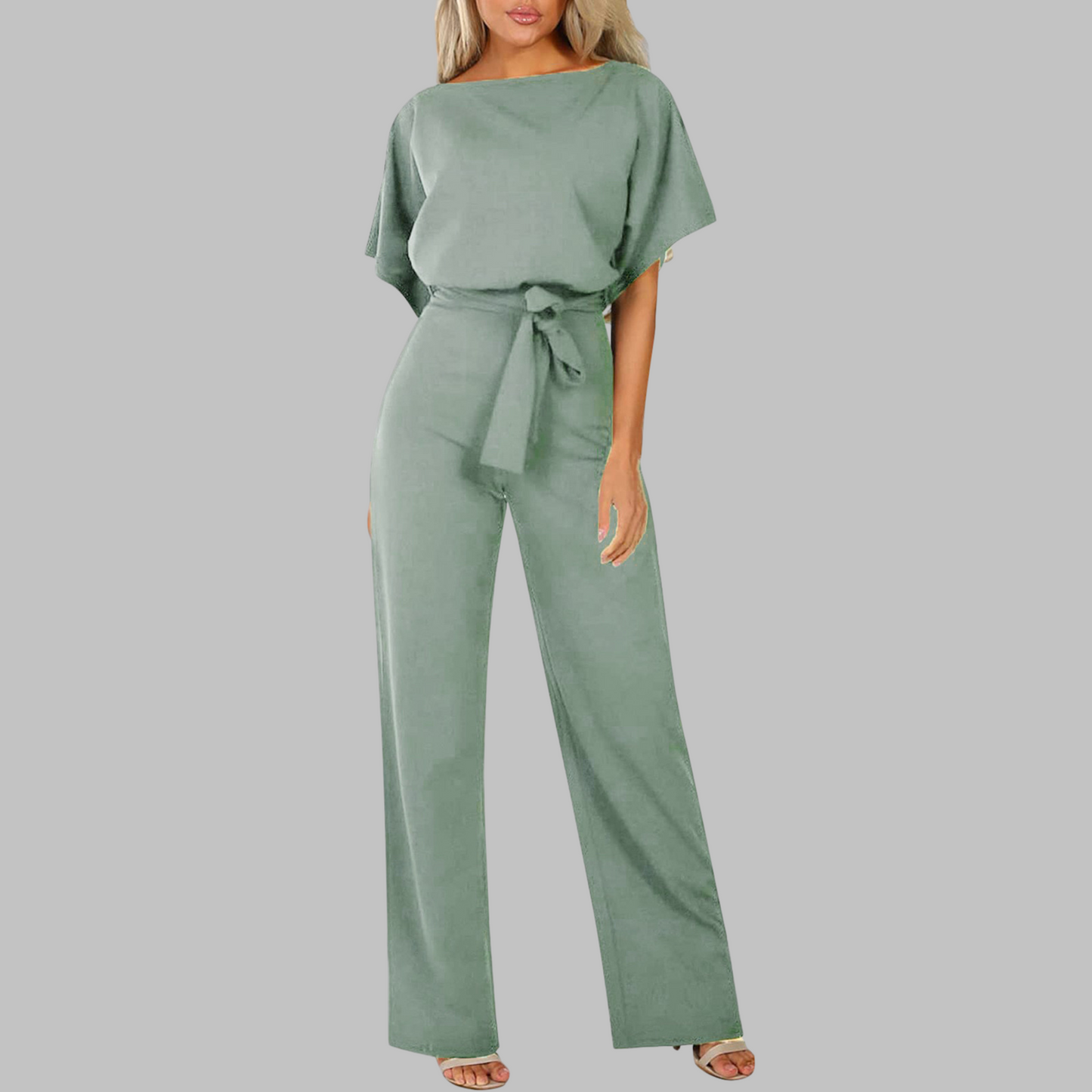 Marina | Women's Belted Wide Leg Jumpsuit Batwing Sleeve Crewneck