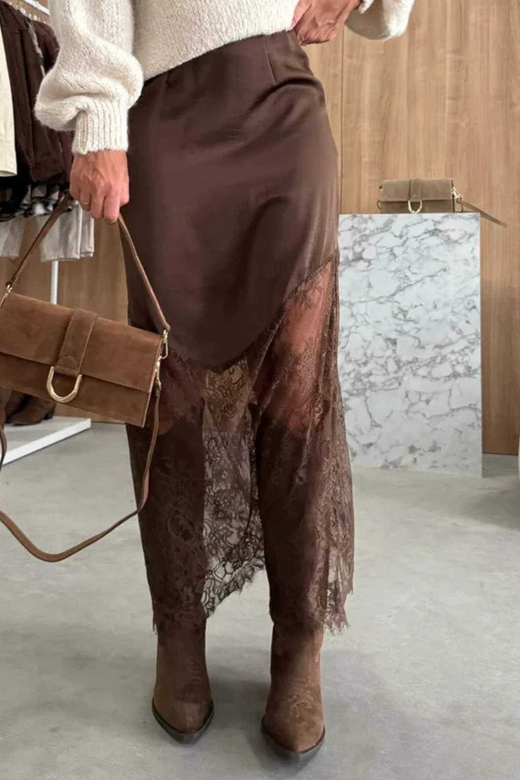 Romilly | Women Satin Lace Hem Asymmetric Maxi Skirt