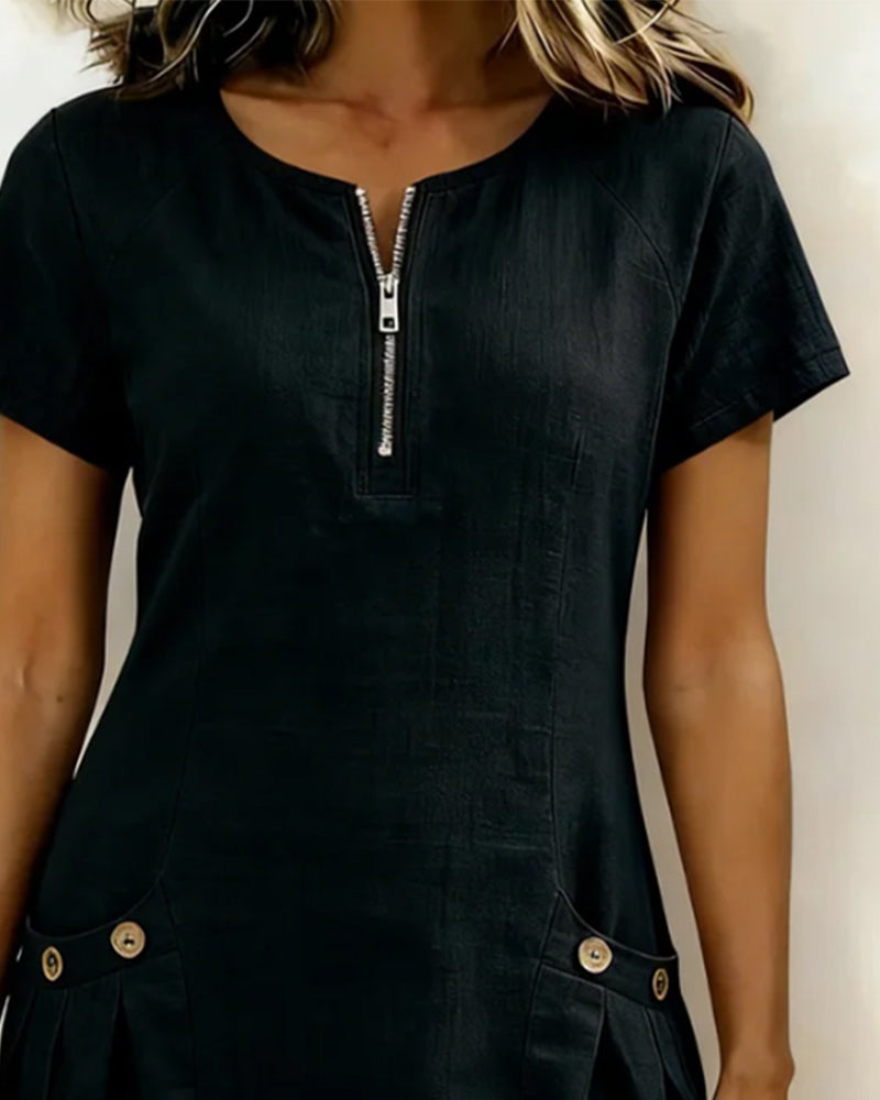 Ivy | Women's Shift Dress Short Sleeve Zip Neck with Pockets