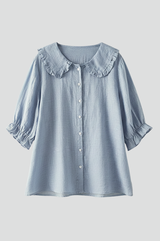 Amberly | Blue White Casual Shirt with Ruffled Collar and Buttons