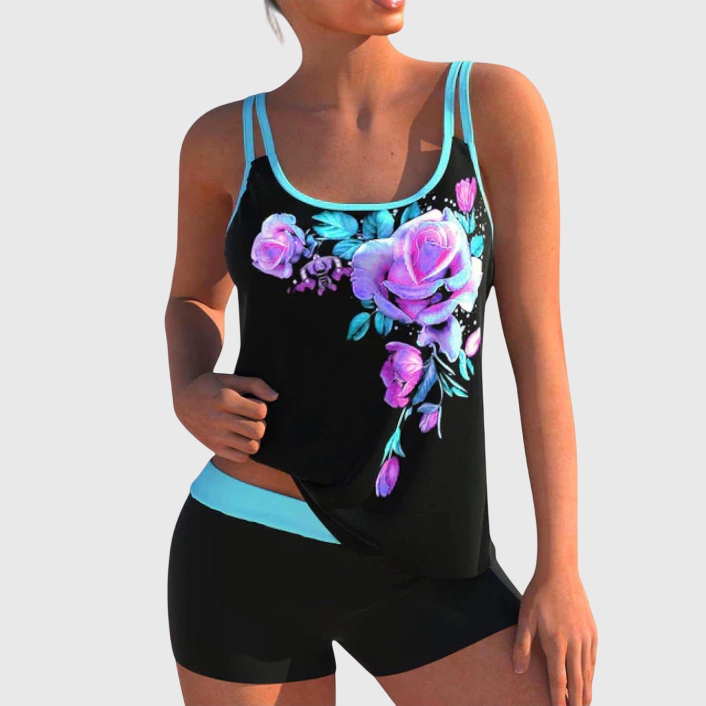 Romilly | Black Floral Print Two-Piece Swimsuit Set