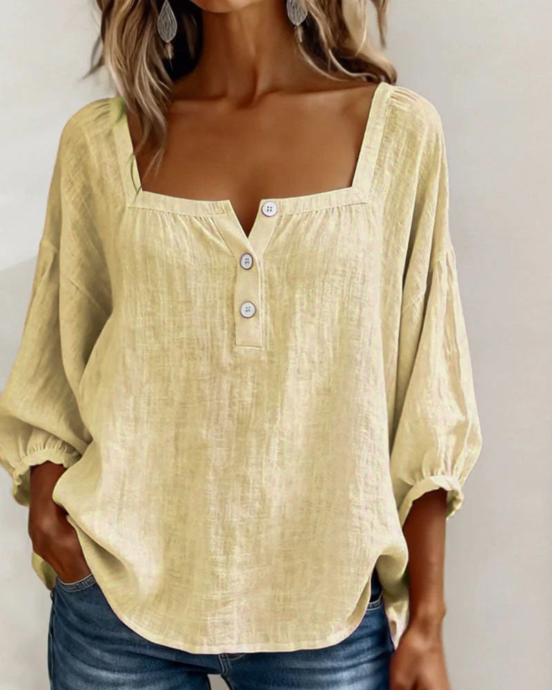 Nadine | Women's Square Neck Blouse 3/4 Puff Sleeve Button Top