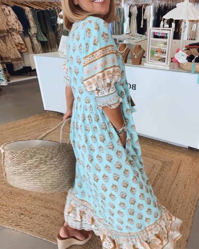 Yasmin | Printed Beach Tassel Tie Midi Dress