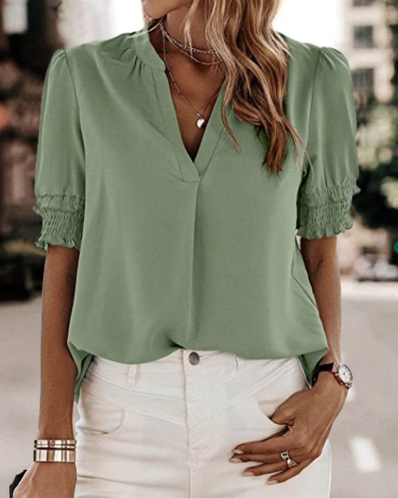 Natasha | Women's V-Neck Puff Sleeve Blouse Short Sleeve Top