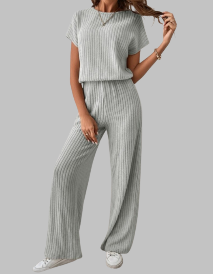 Philippa | Women's Ribbed Two Piece Set Short Sleeve Top Wide Leg Pants