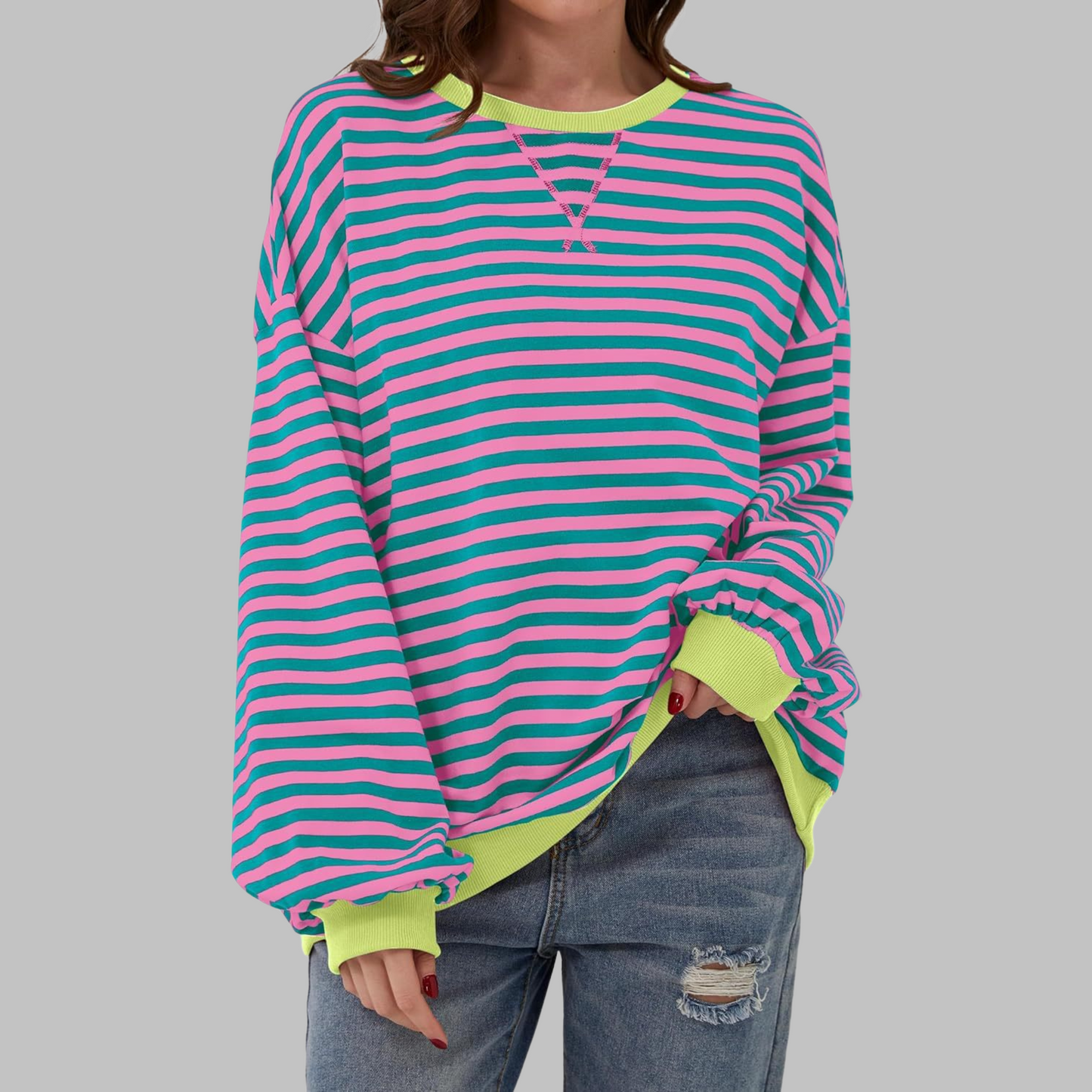 Olive | Women's Striped Crewneck Long Sleeve Oversized Sweatshirt
