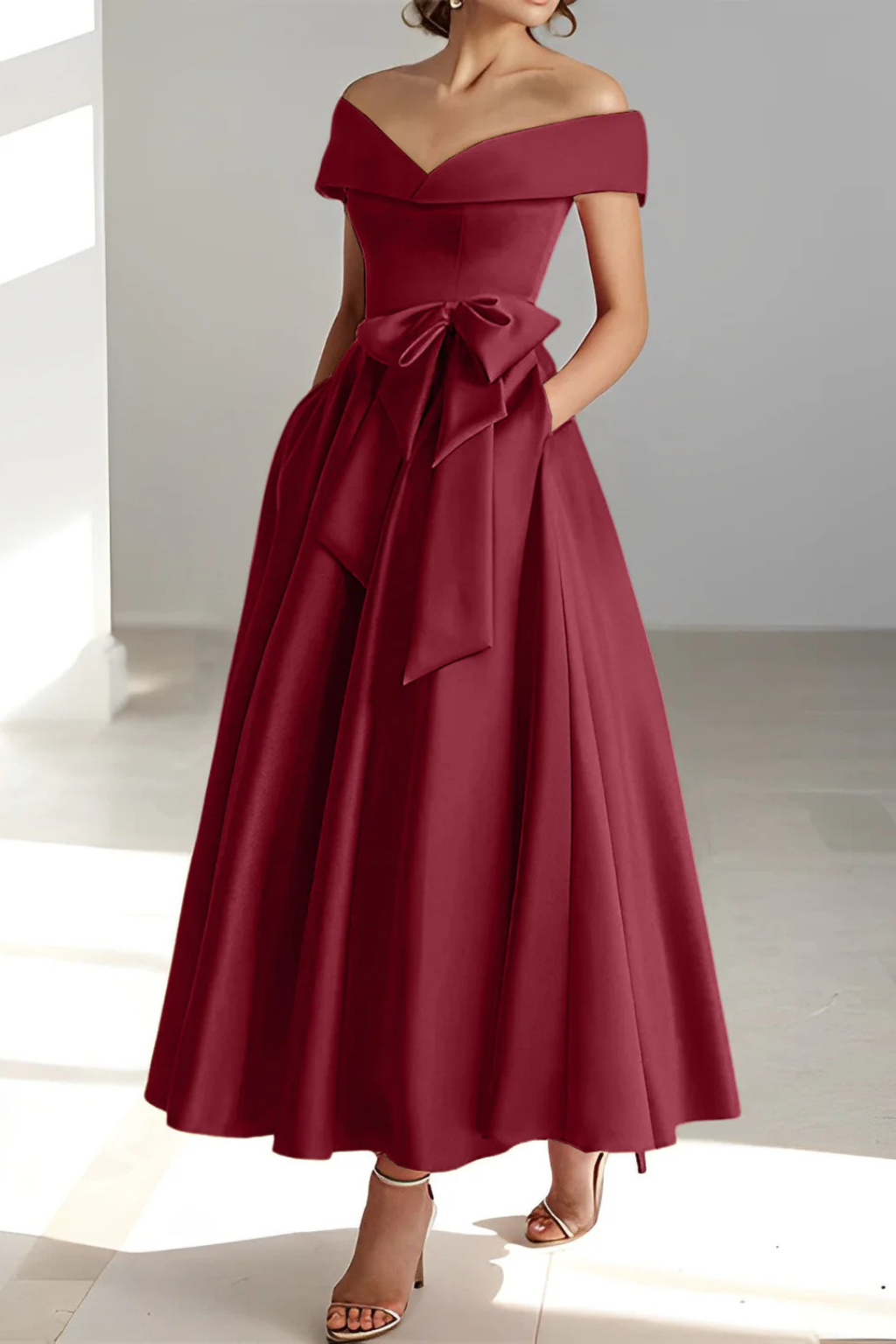 Arabella | Women Off Shoulder Bow Waist A Line Midi Wedding Guest Dress