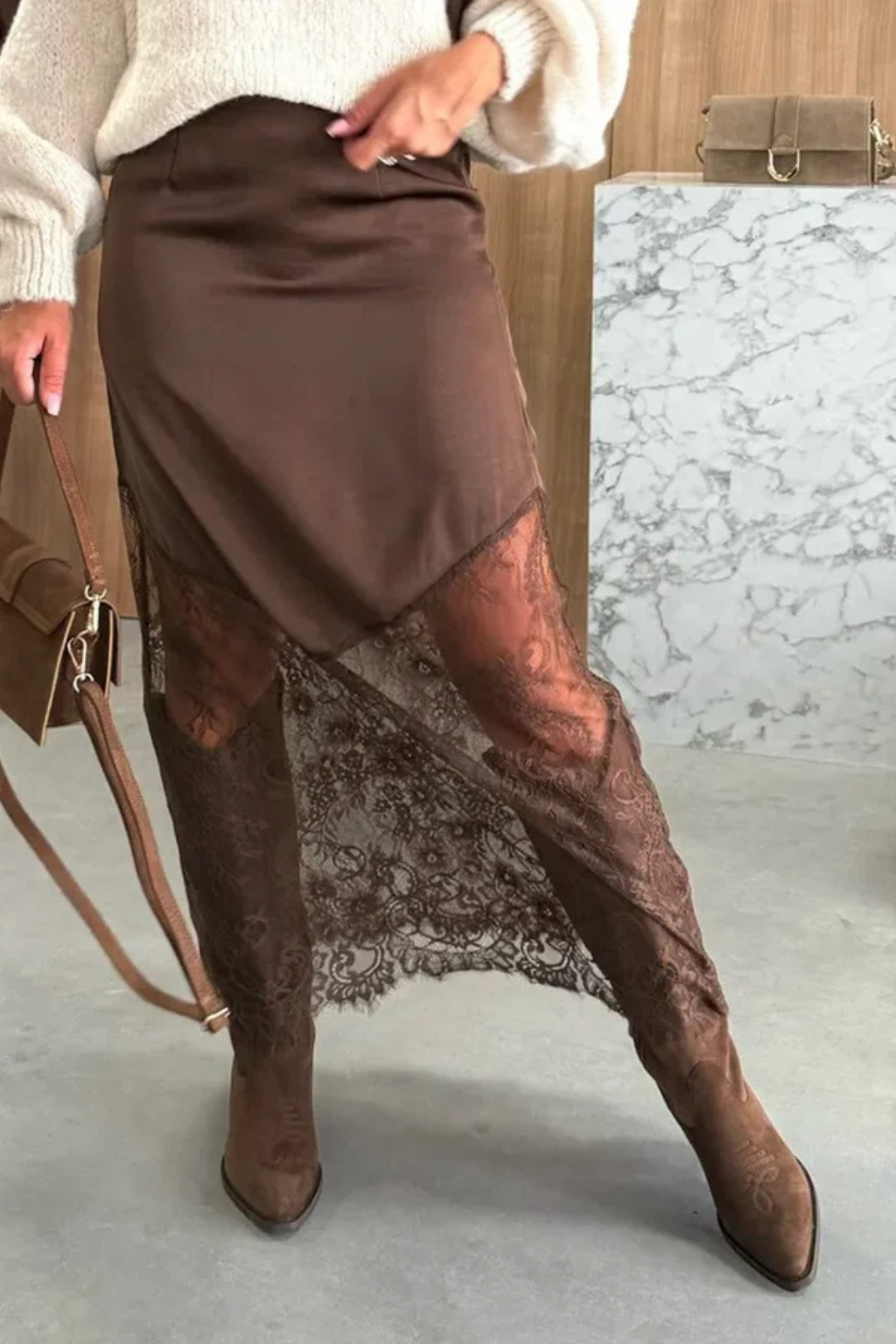 Romilly | Women Satin Lace Hem Asymmetric Maxi Skirt