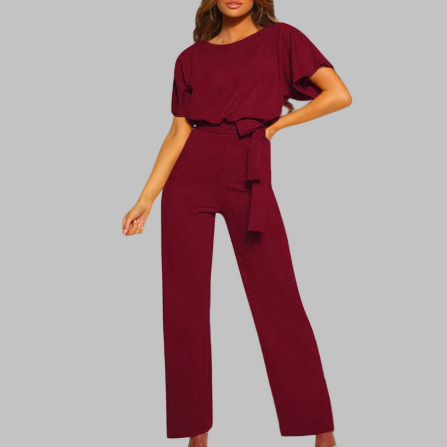 Marina | Women's Belted Wide Leg Jumpsuit Batwing Sleeve Crewneck