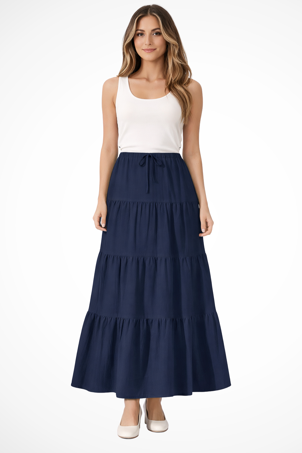 Beth | Women Elasticated Drawstring Waist Tiered Boho Maxi Skirt