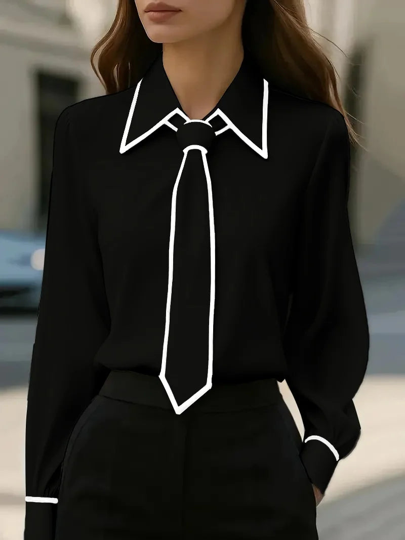 Caitlin | Women's Long Sleeve Tie Neck Blouse Contrast Collar